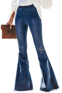 Amma Flare Jeans Elastic Waist Bell Bottom Raw Hem Denim