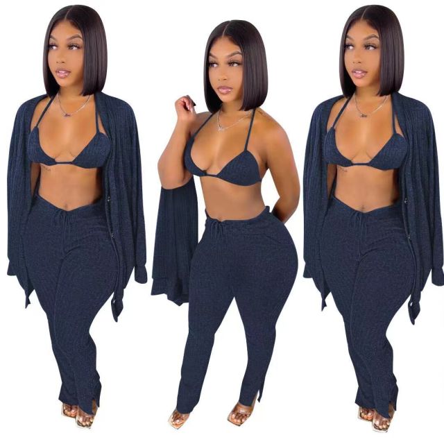 Makeba Ribbed 3 Piece Long Sleeve Cardigan + Underwear And Side Slit Pants