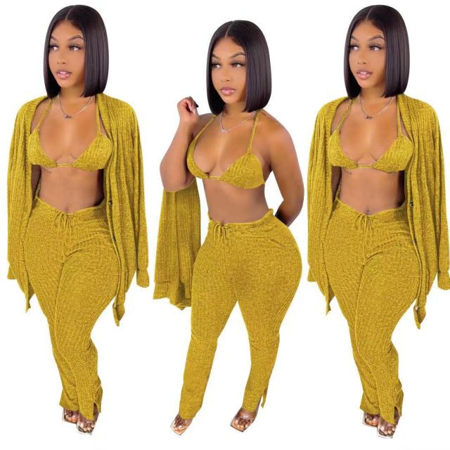 Makeba Ribbed 3 Piece Long Sleeve Cardigan + Underwear And Side Slit Pants