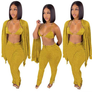 Makeba Ribbed 3 Piece Long Sleeve Cardigan + Underwear And Side Slit Pants