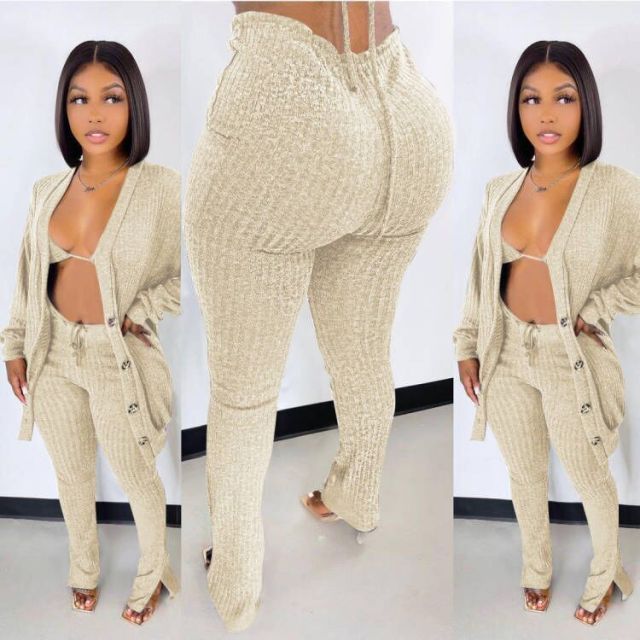 Makeba Ribbed 3 Piece Long Sleeve Cardigan + Underwear And Side Slit Pants