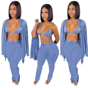Makeba Ribbed 3 Piece Long Sleeve Cardigan + Underwear And Side Slit Pants