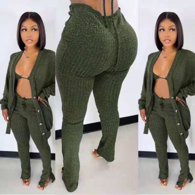 Makeba Ribbed 3 Piece Long Sleeve Cardigan + Underwear And Side Slit Pants