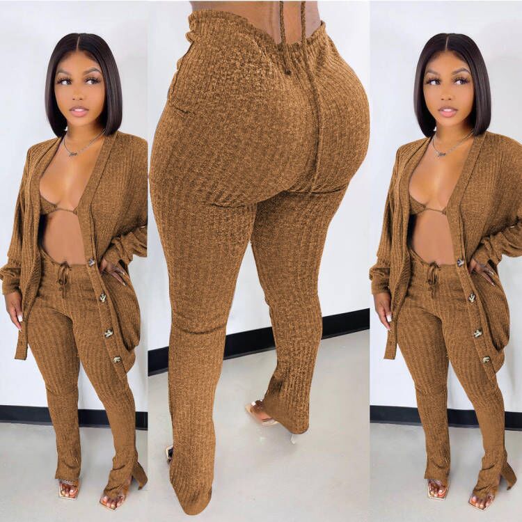 Makeba Ribbed 3 Piece Long Sleeve Cardigan + Underwear And Side Slit Pants