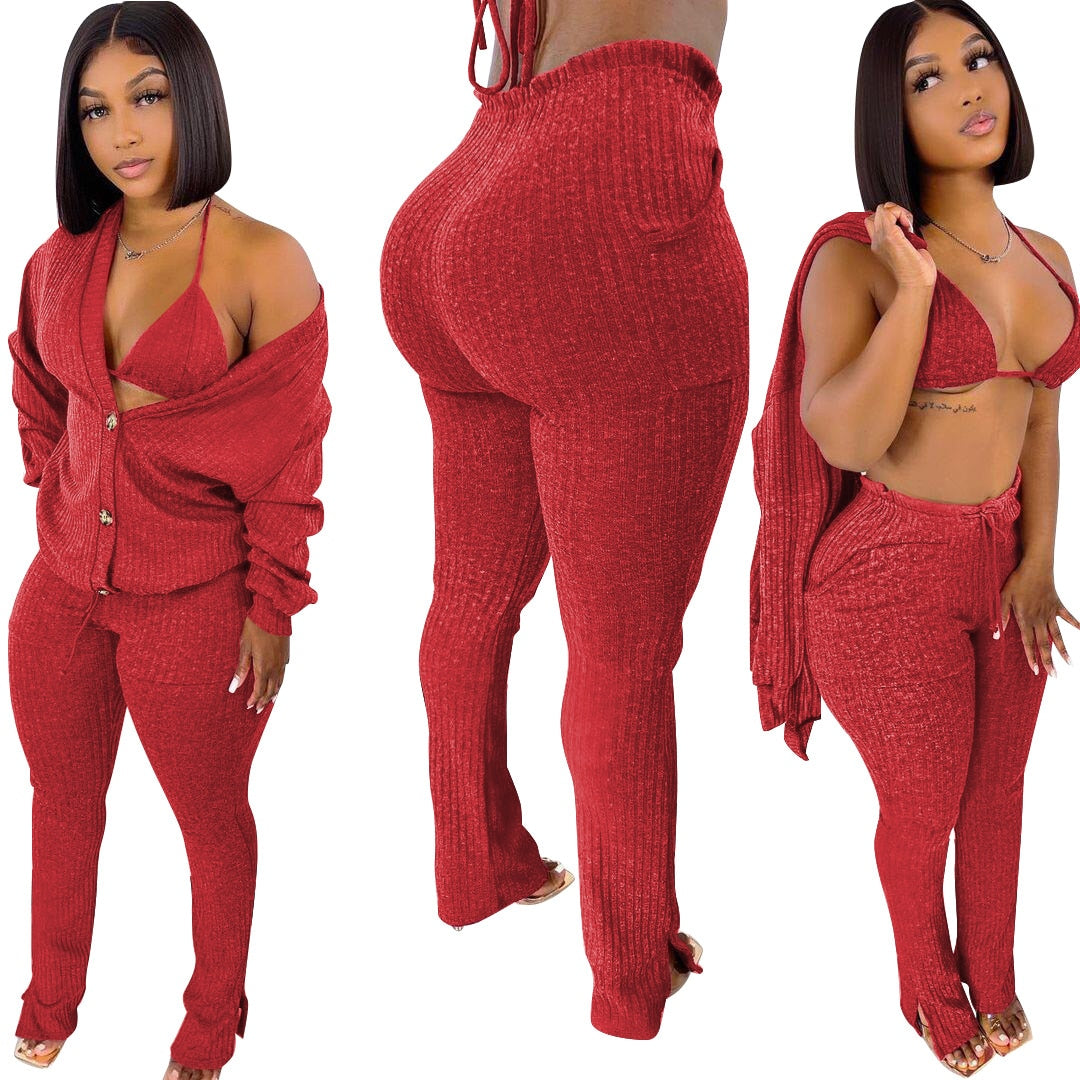 Makeba Ribbed 3 Piece Long Sleeve Cardigan + Underwear And Side Slit Pants