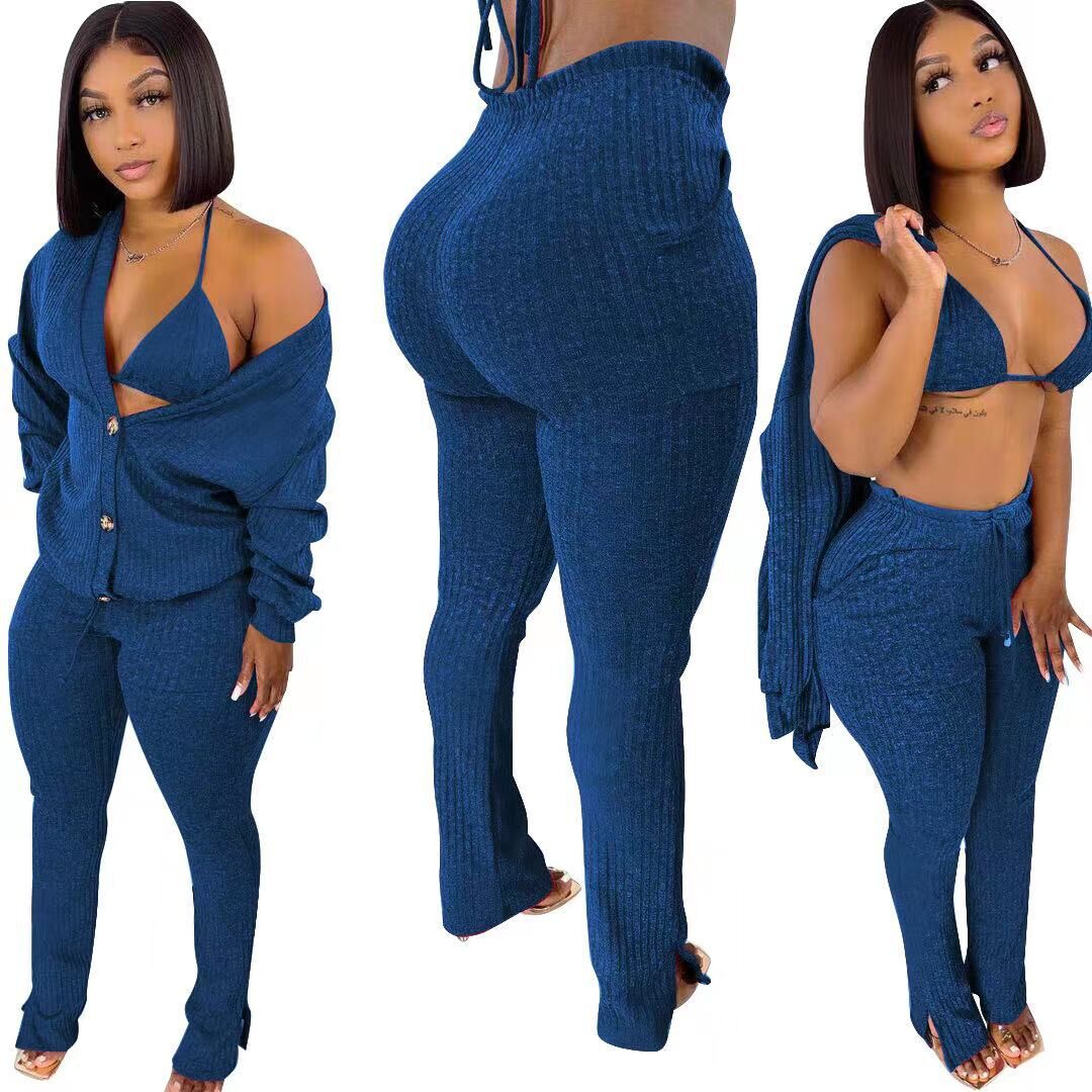 Makeba Ribbed 3 Piece Long Sleeve Cardigan + Underwear And Side Slit Pants