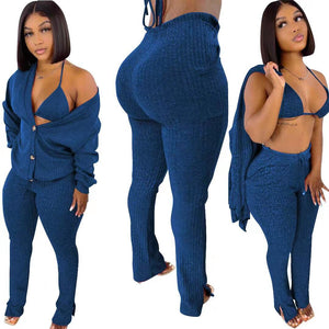 Makeba Ribbed 3 Piece Long Sleeve Cardigan + Underwear And Side Slit Pants