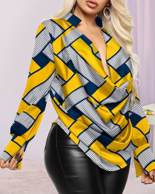 Khadija Printed Plus Size Deep-V Neck Design Blouses