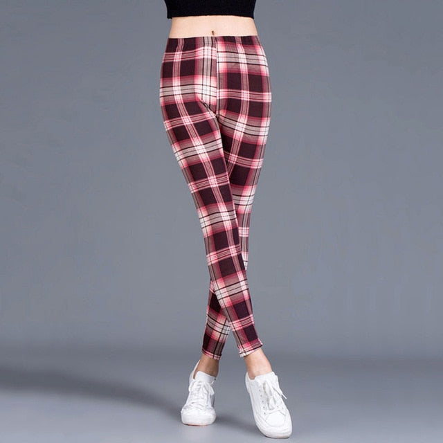 Ramla Printed Plaid Pencil Style Leggings (Elastic Waist Trousers)