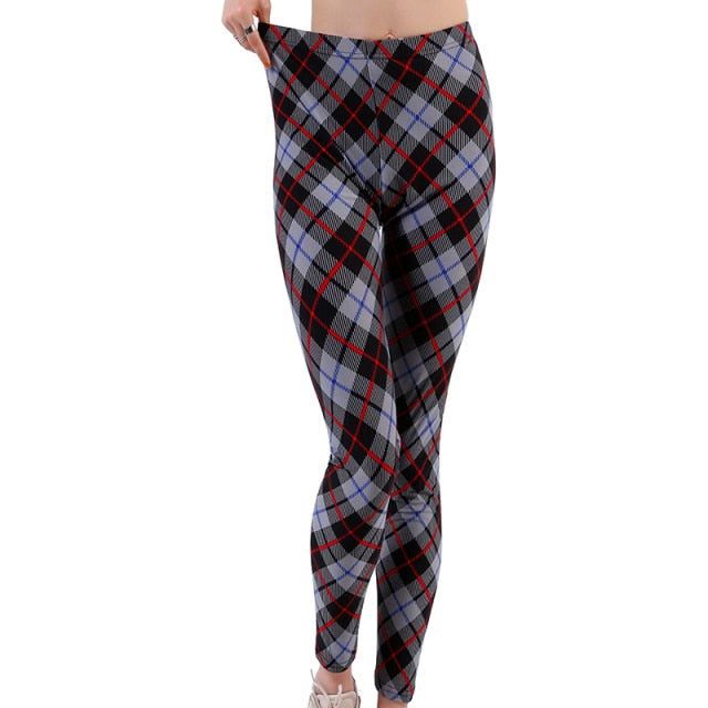 Ramla Printed Plaid Pencil Style Leggings (Elastic Waist Trousers)