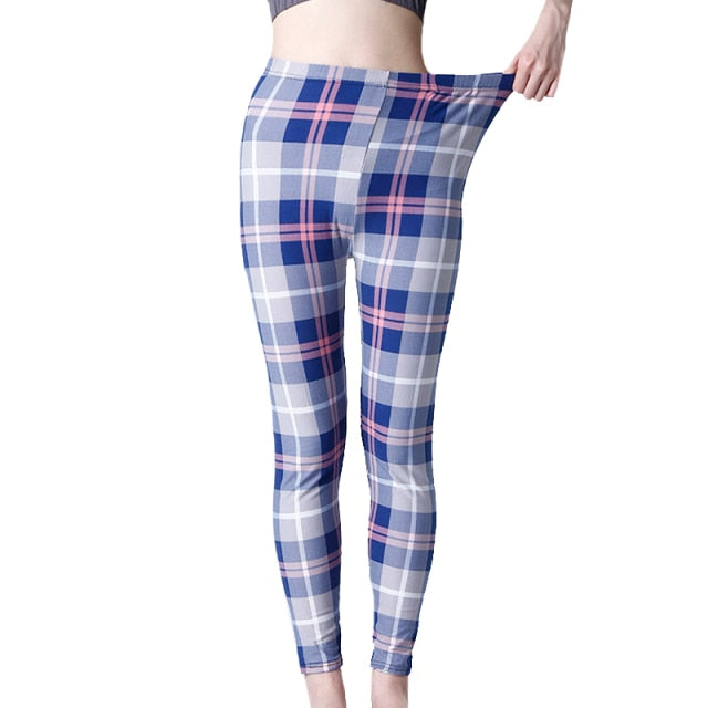 Ramla Printed Plaid Pencil Style Leggings (Elastic Waist Trousers)