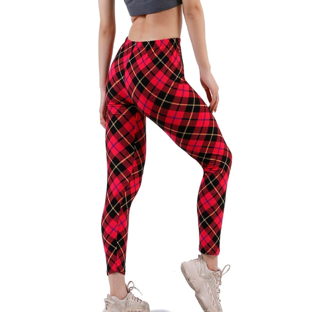Ramla Printed Plaid Pencil Style Leggings (Elastic Waist Trousers)