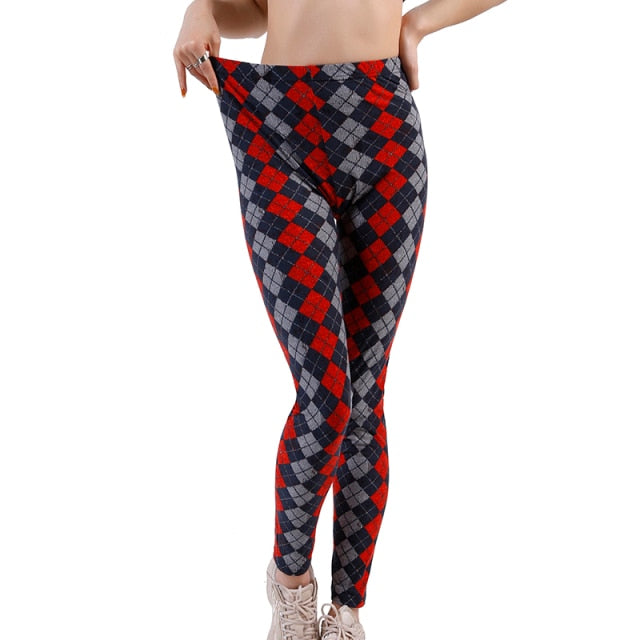 Ramla Printed Plaid Pencil Style Leggings (Elastic Waist Trousers)