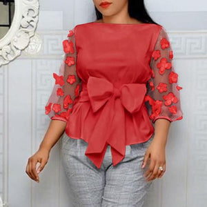Leah Sheer Blouse Elegant Floral Bohemian Bow Tie Office Shirt