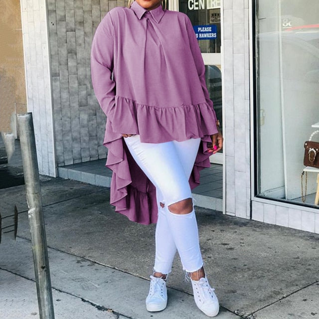 Jordan Asymmetrical Solid w/Buttons Ruffles Long Sleeve Tops