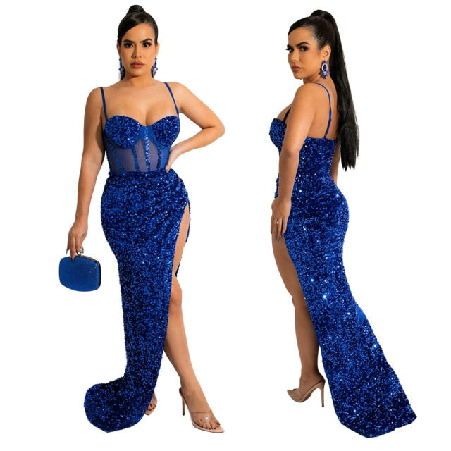 Gayle Sequin Sheer Mesh Strapless Backless Maxi Dress
