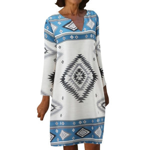 Rhoda Shirt Print Long Sleeve V-Neck, Midi Dress