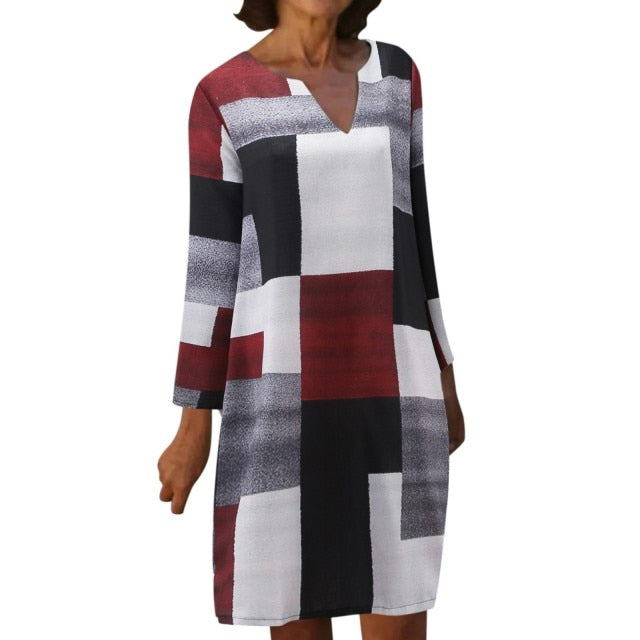 Rhoda Shirt Print Long Sleeve V-Neck, Midi Dress