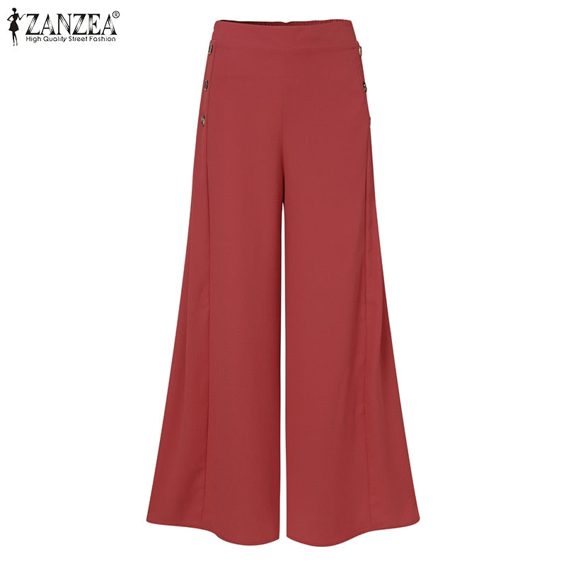 Kenya Side Button Wide Leg Pants w/ Elastic Waist (S-5XL)
