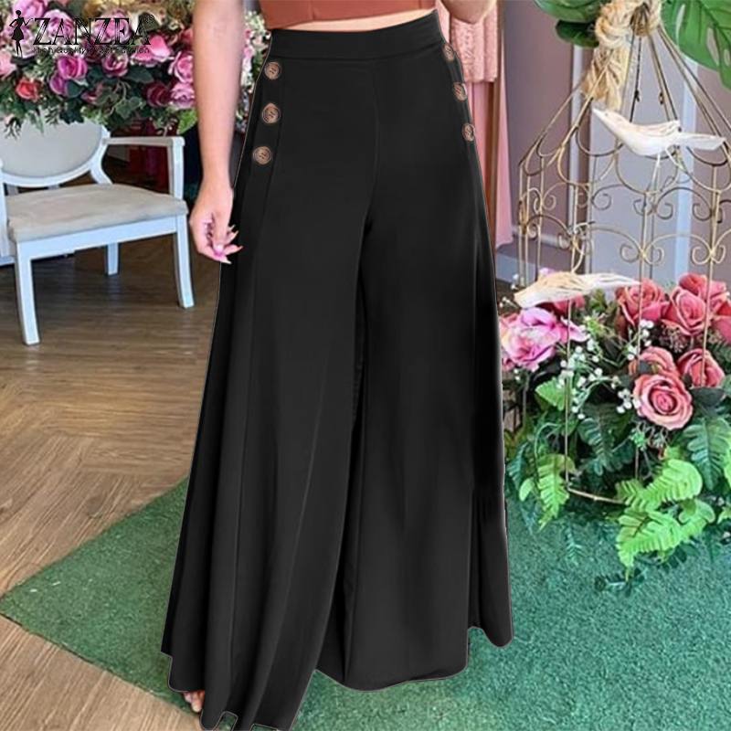 Kenya Side Button Wide Leg Pants w/ Elastic Waist (S-5XL)