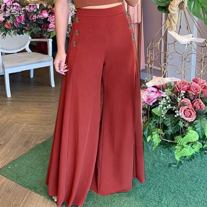 Kenya Side Button Wide Leg Pants w/ Elastic Waist (S-5XL)