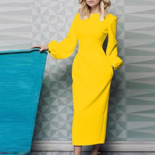 Woya Elegant Office Ladies Lantern Sleeve Long Dress